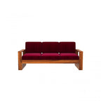 Homecrest Pilton wooden sofa with a rich sheesham wood frame and deep red fabric upholstered cushions