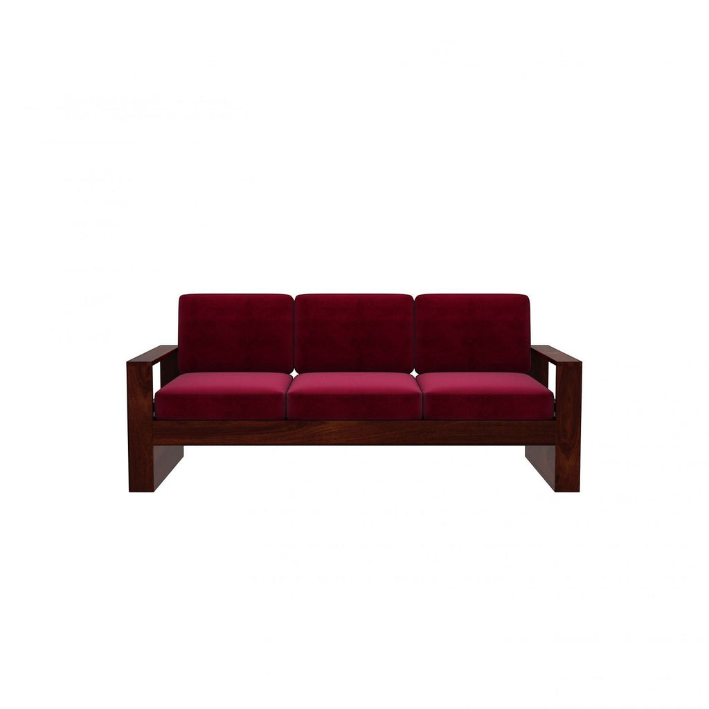 Homecrest Pilton wooden sofa with a deep red fabric seat and backrest cushions on a dark walnut finished wood frame.