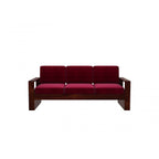 Homecrest Pilton wooden sofa with a deep red fabric seat and backrest cushions on a dark walnut finished wood frame.