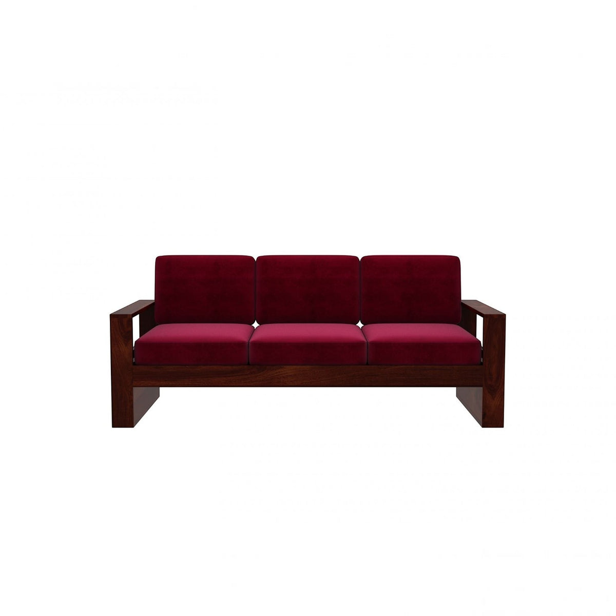 Homecrest Pilton wooden sofa with a deep red fabric seat and backrest cushions on a dark walnut finished wood frame.