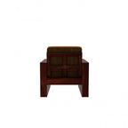 Homecrest Pilton wooden armchair with a rich walnut finish and brown upholstered seat, viewed from the back.