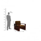 Homecrest Pilton wooden armchair with brown fabric cushions and dark wood frame, shown with scale reference figure.
