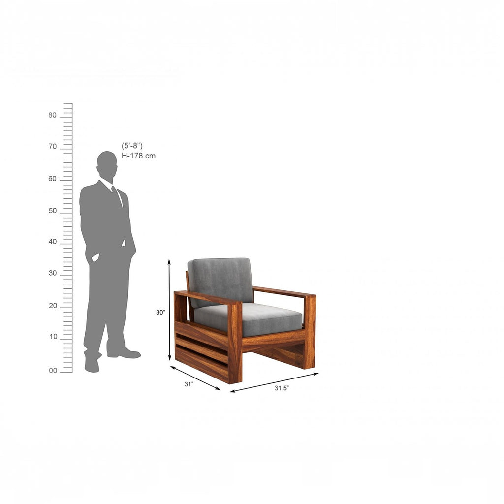 Homecrest Pilton wooden armchair with grey fabric cushions and a solid sheesham wood frame, shown with scale dimensions.