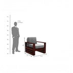 Homecrest Pilton wooden armchair with grey fabric cushions and walnut finish frame, shown with scale reference.