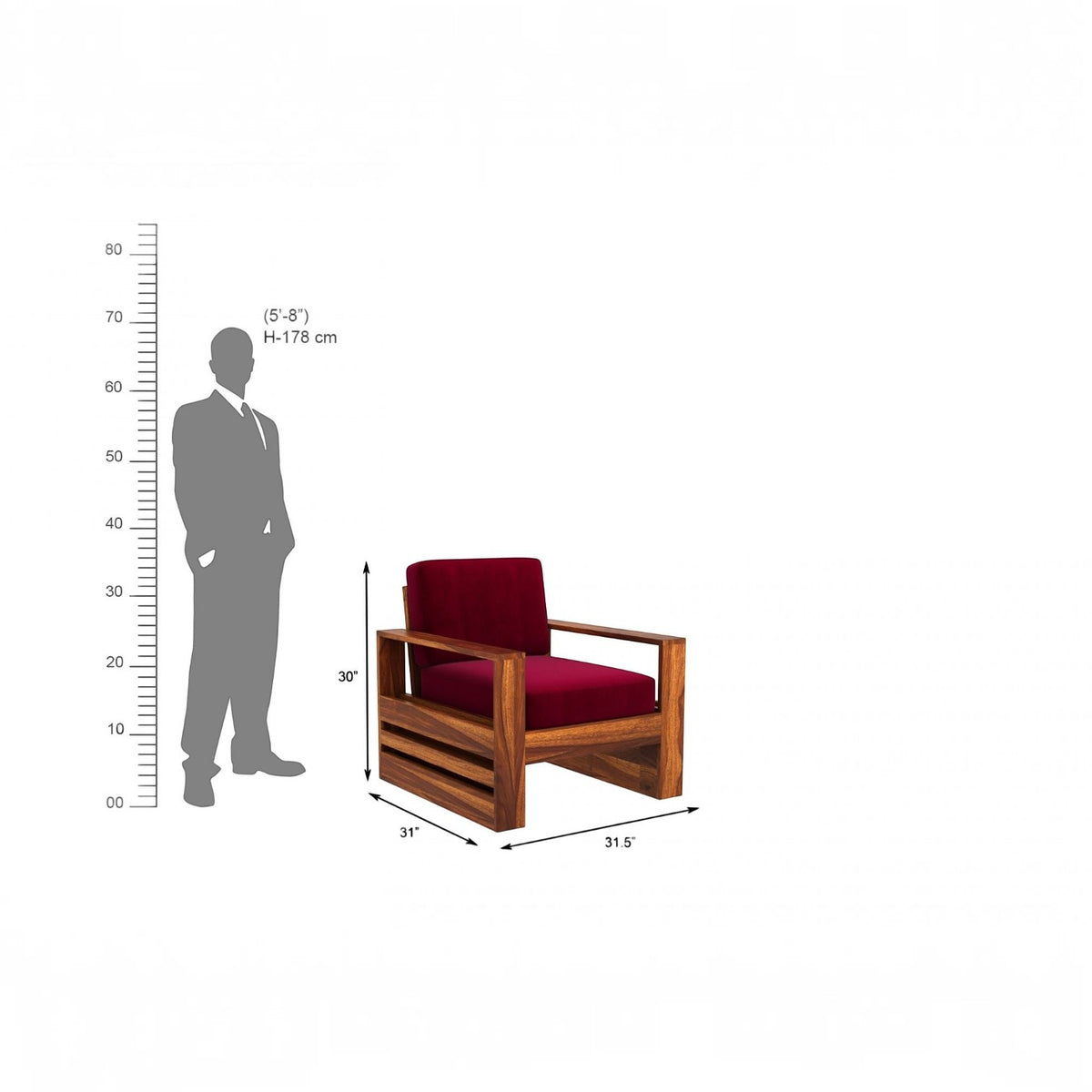 Homecrest Pilton wooden armchair with deep red fabric cushions and a natural wood frame, shown with scale dimensions.