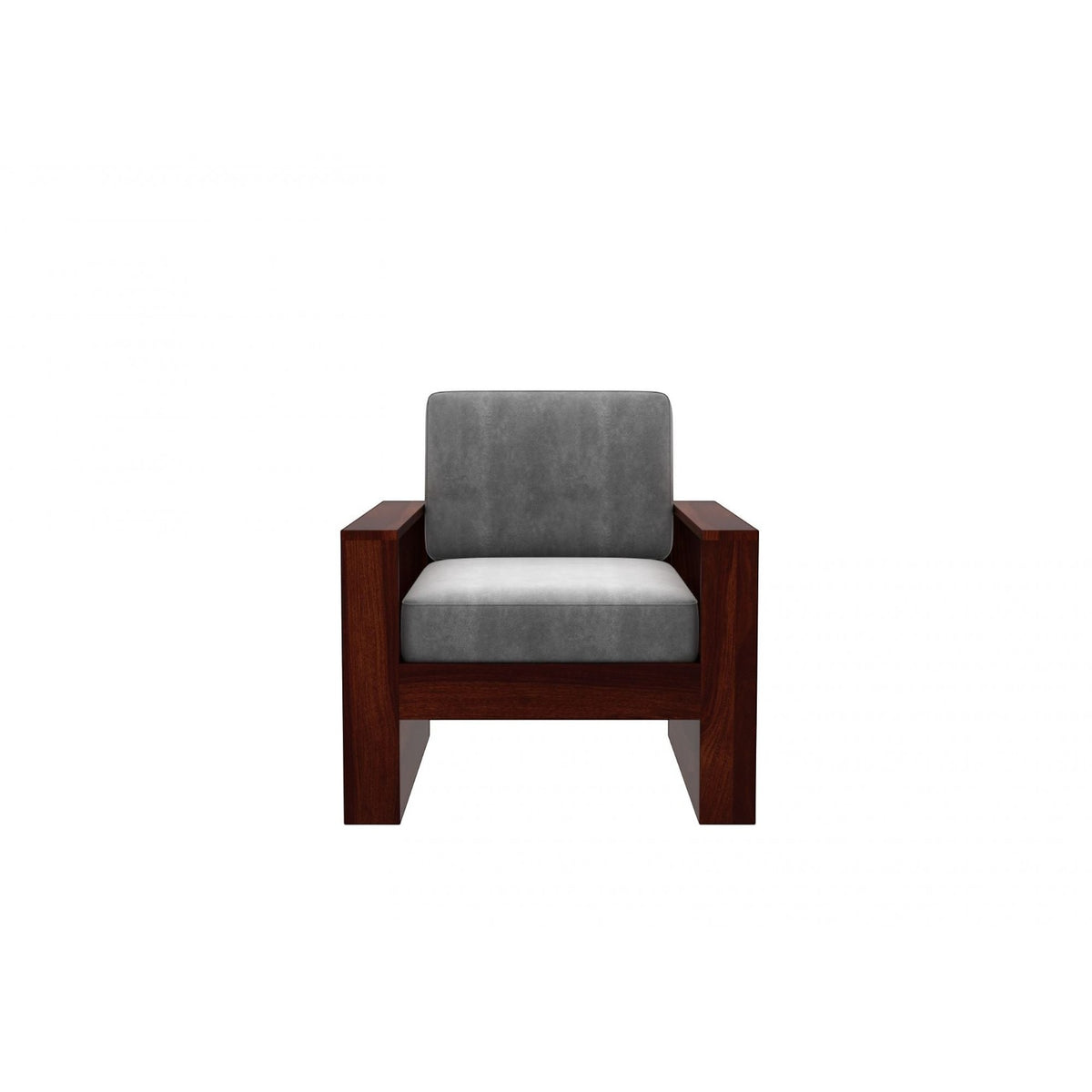 Homecrest Pilton wooden armchair with a dark walnut finish frame and grey upholstered seat and backrest.