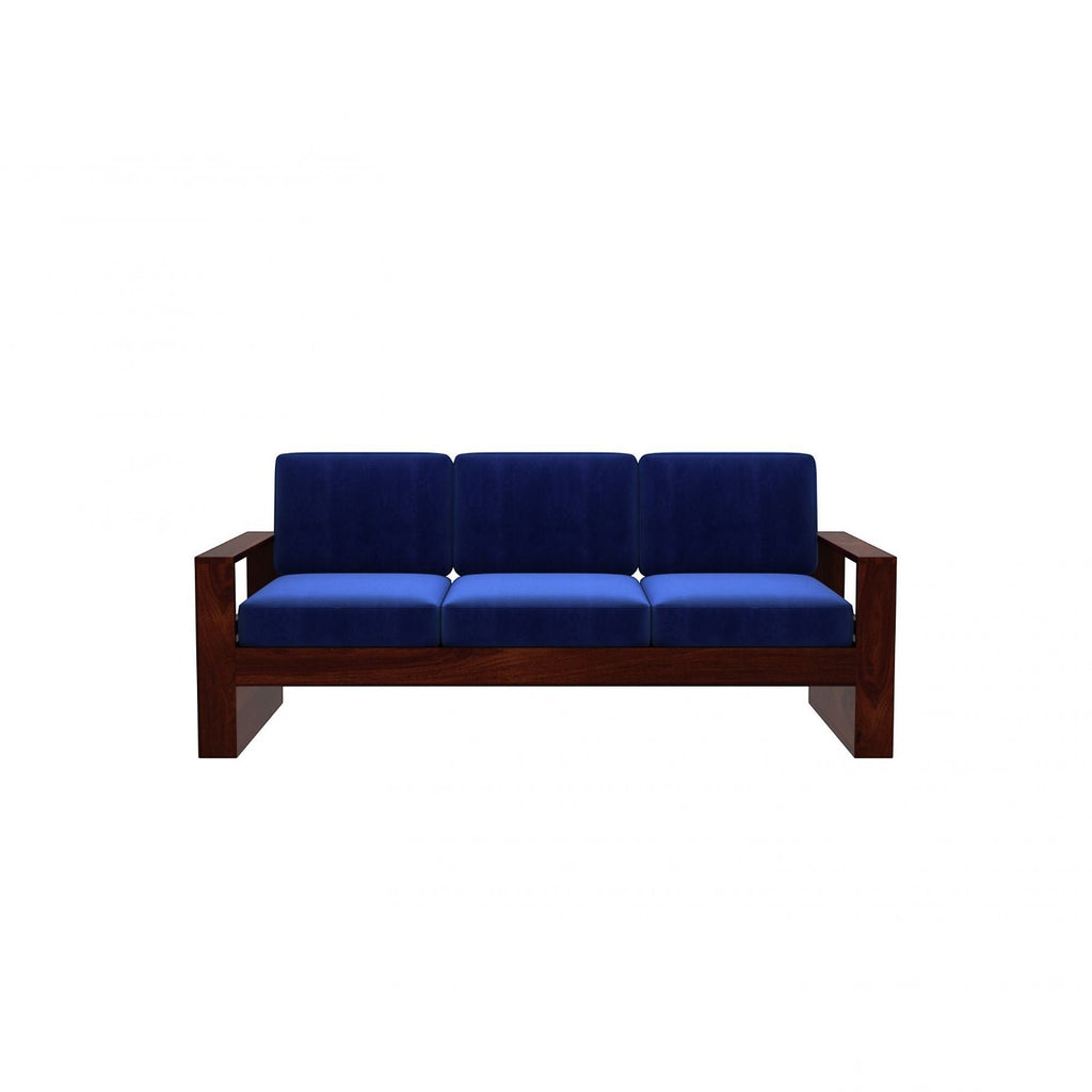 Homecrest Pilton wooden 3-seater sofa with a dark walnut wood frame and vibrant blue fabric cushions.