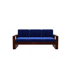 Homecrest Pilton wooden 3-seater sofa with a dark walnut wood frame and vibrant blue fabric cushions.