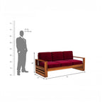 Homecrest Pilton 3-seater sofa in deep red fabric with a natural sheesham wood frame and dimension guide.
