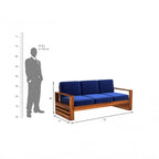 Homecrest Pilton 3-seater sofa with blue fabric cushions and a natural sheesham wood frame, shown with scale dimensions.