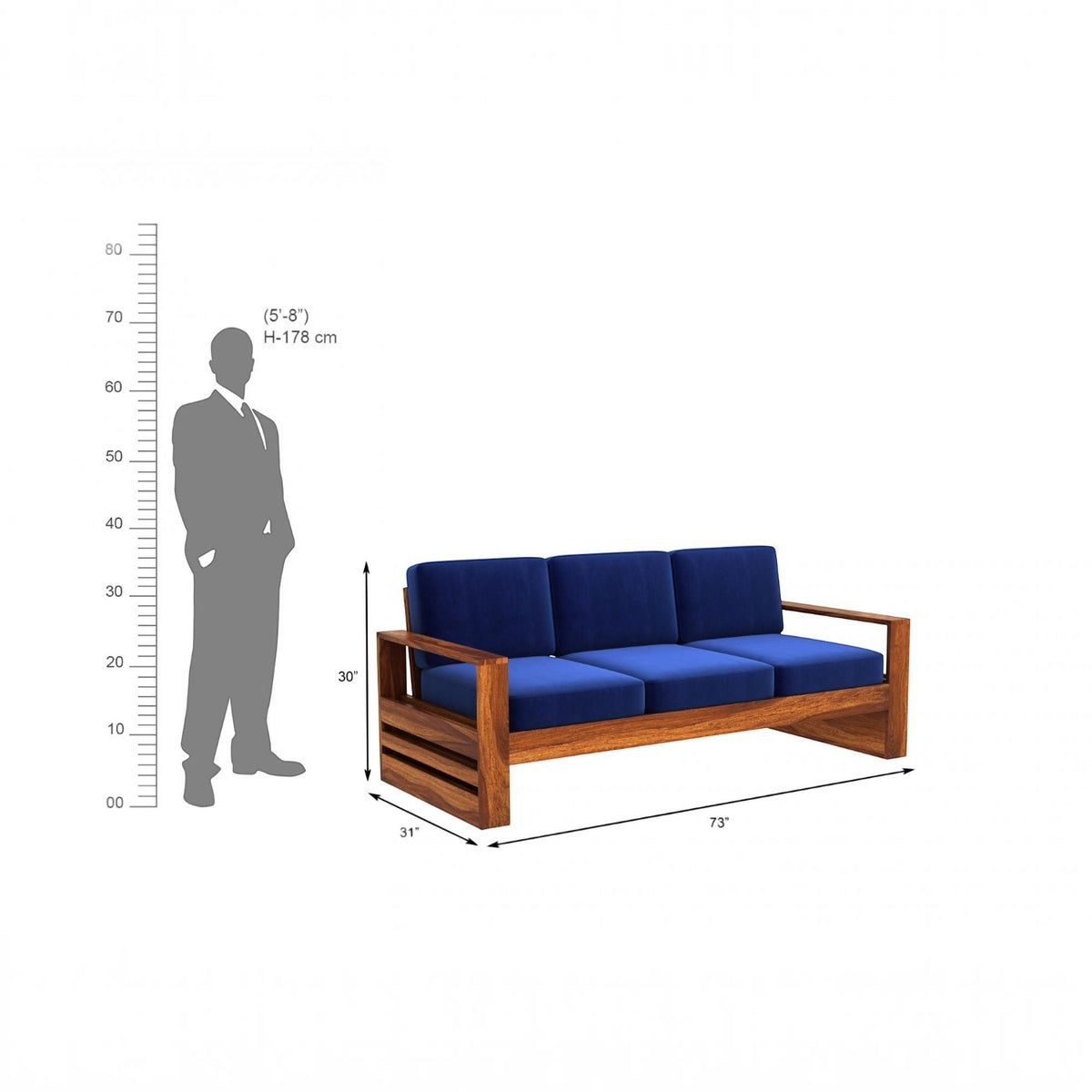 Homecrest Pilton 3-seater sofa with blue fabric cushions and a natural sheesham wood frame, shown with scale dimensions.