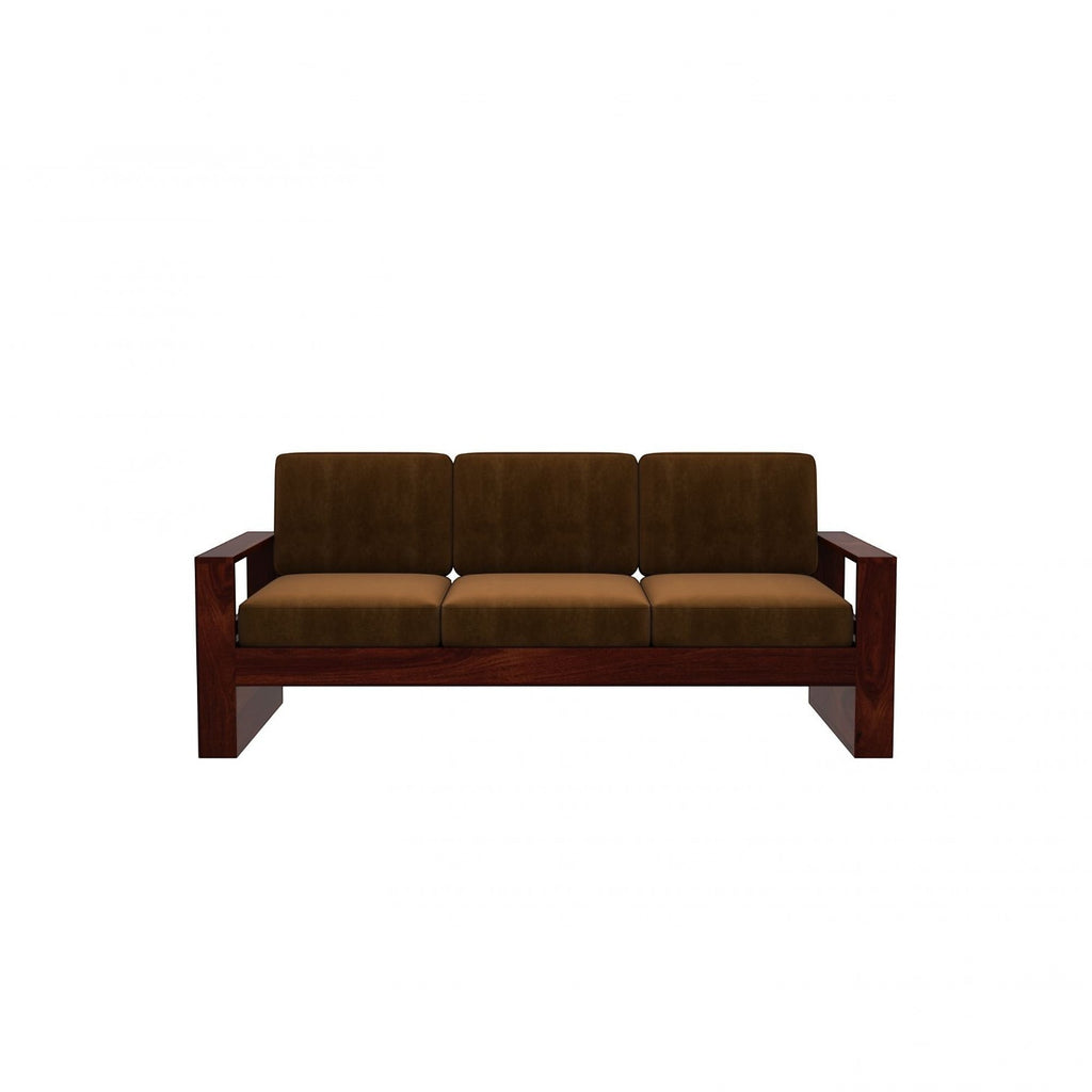 Homecrest Pilton wooden sofa with a rich walnut finish frame and brown fabric cushions in a minimalist design.