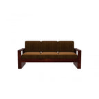 Homecrest Pilton wooden sofa with a rich walnut finish frame and brown fabric cushions in a minimalist design.