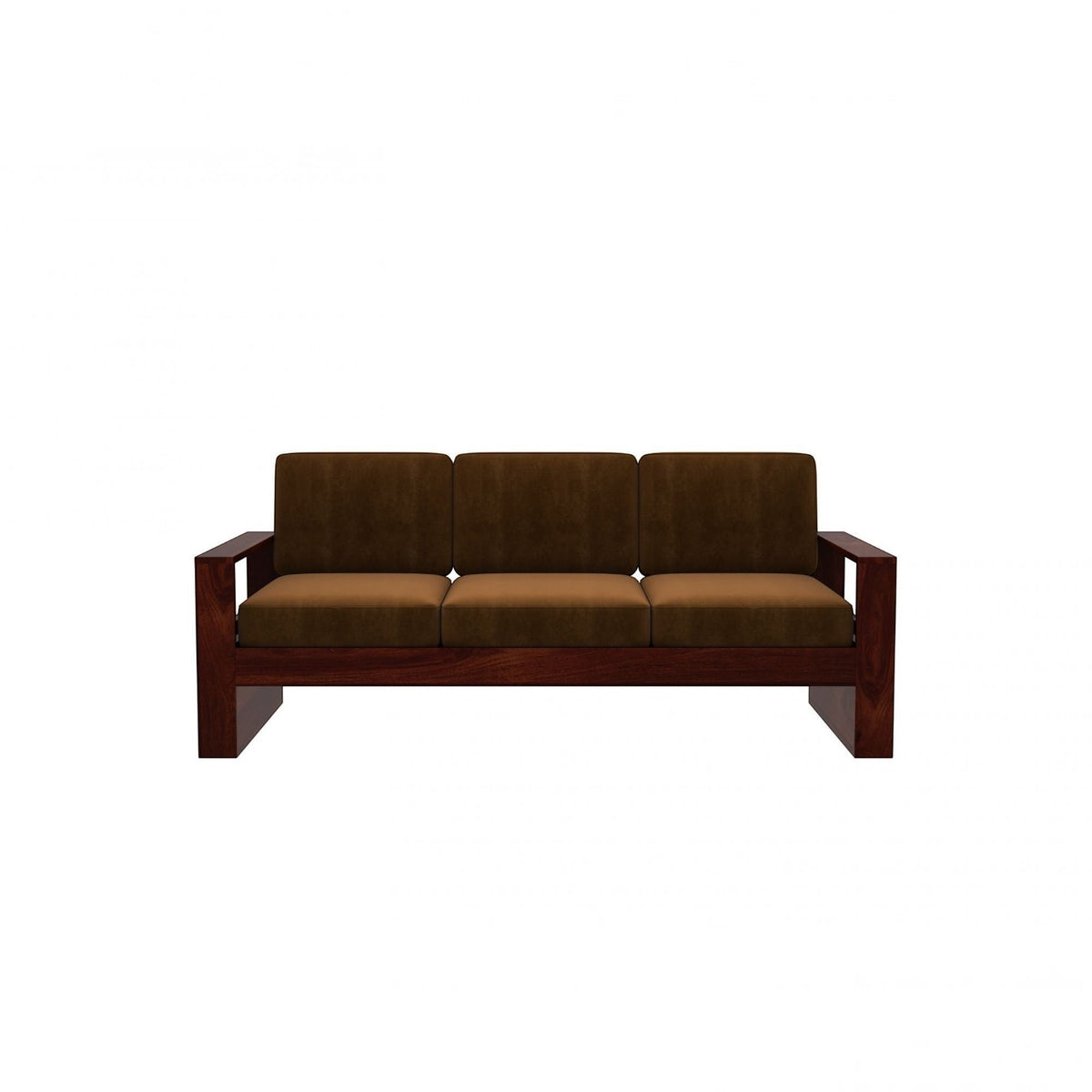 Homecrest Pilton wooden sofa with a rich walnut finish frame and brown fabric cushions in a minimalist design.