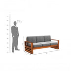 Homecrest Pilton 3-seater wooden sofa with grey fabric cushions and a natural wood frame, shown with scale dimensions.