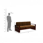 Homecrest Pilton wooden 3-seater sofa with brown fabric cushions and a dark walnut finished sheesham wood frame.