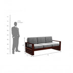 Homecrest Pilton wooden 3-seater sofa with grey fabric cushions and a dark walnut finished sheesham wood frame