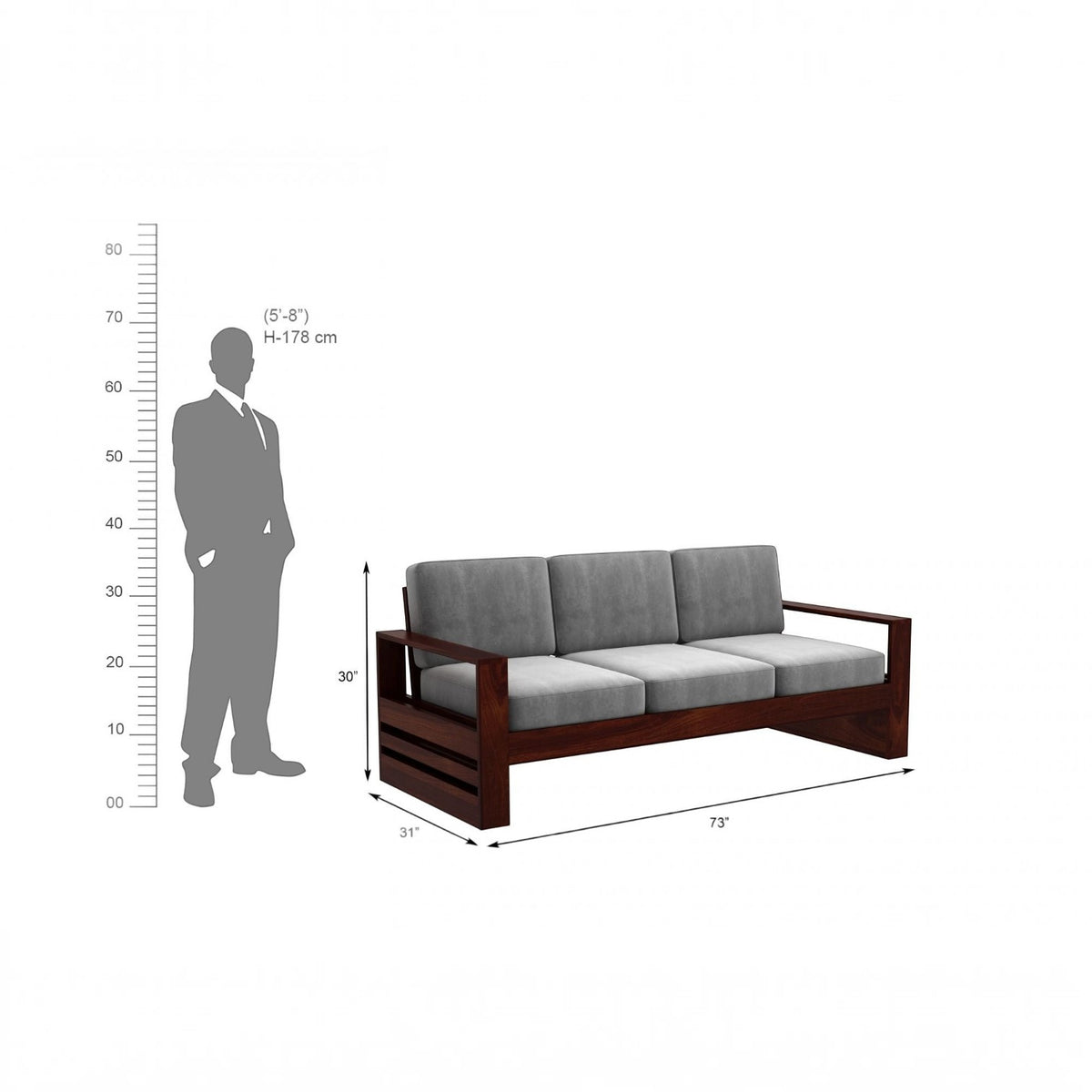 Homecrest Pilton wooden 3-seater sofa with grey fabric cushions and a dark walnut finished sheesham wood frame