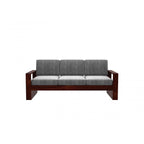 Homecrest Pilton wooden sofa with a rich walnut finish frame and grey fabric cushions in a clean rectangular design.