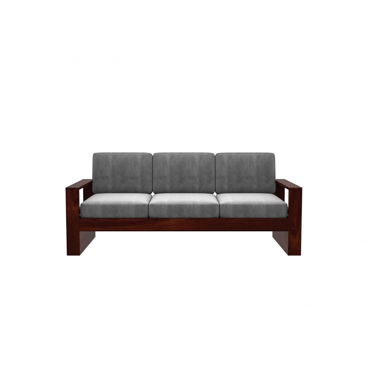 Homecrest Pilton wooden sofa with a rich walnut finish frame and grey fabric cushions in a clean rectangular design.
