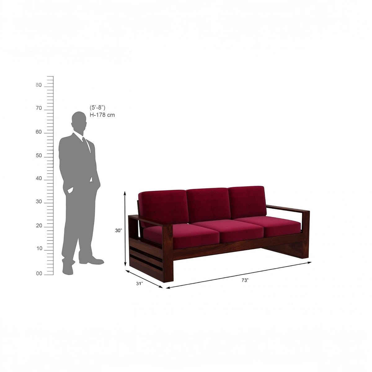 Homecrest Pilton wooden 3-seater sofa with deep red fabric cushions and a dark walnut-finished sheesham wood frame.