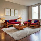 Homecrest Pilton wooden sofa set with red fabric cushions, sheesham wood frame, and matching coffee table in a room.