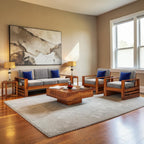 Homecrest Pilton wooden sofa set with grey fabric cushions, sheesham wood frame, and blue accent pillows in a living room