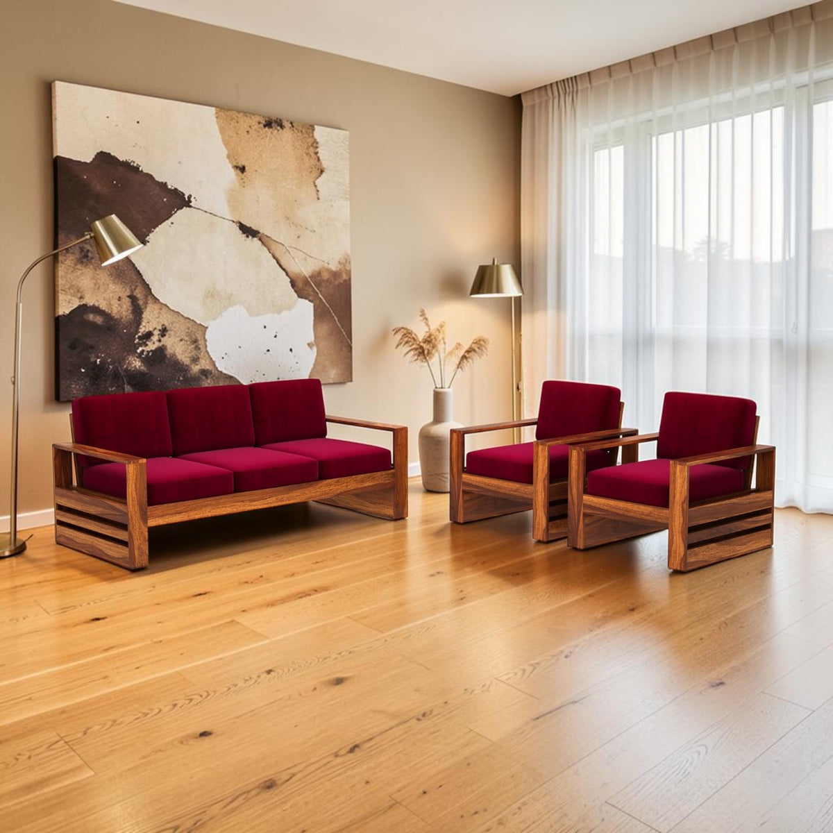 Homecrest Pilton wooden sofa set with deep red fabric cushions and rich walnut-finished sheesham wood frames.