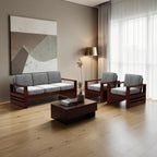 Homecrest Pilton 5-seater sofa set with grey upholstered cushions and dark wooden frames in a modern living room.