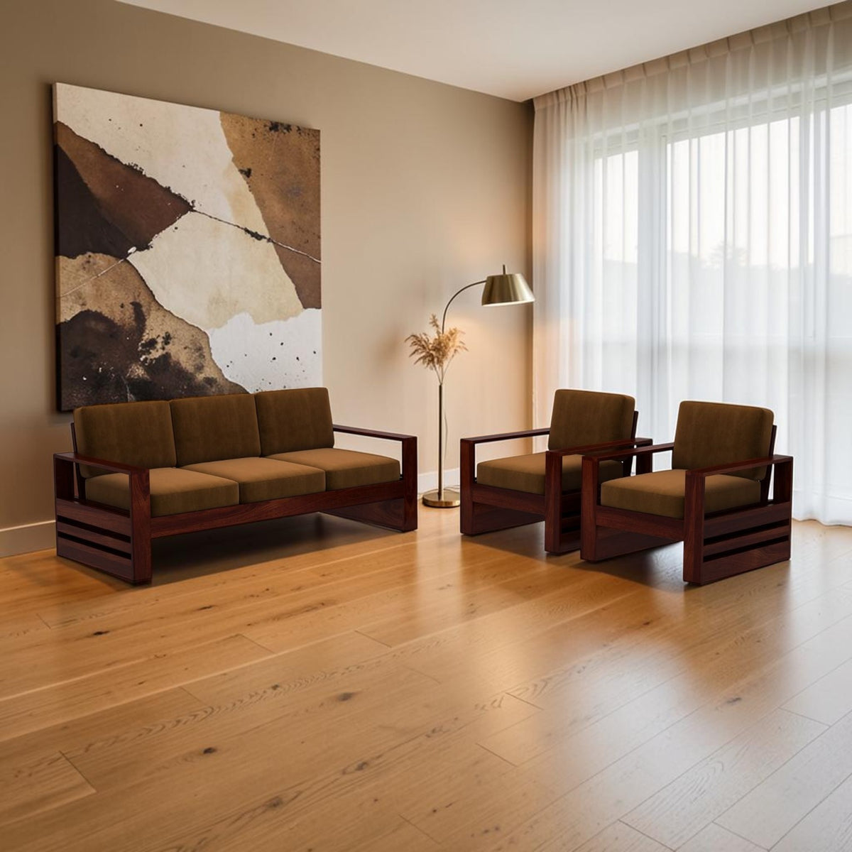 Homecrest Pilton wooden sofa set featuring dark brown fabric cushions and rich walnut-finished sheesham wood frames.