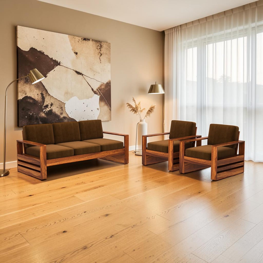 Homecrest Pilton wooden sofa set featuring a three-seater sofa and two armchairs with dark brown cushions and wood frames