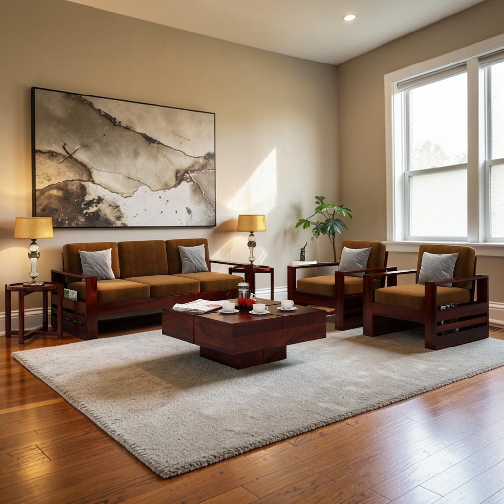 Homecrest Pilton wooden 5 seater sofa set with brown fabric cushions and dark walnut finished sheesham wood frames