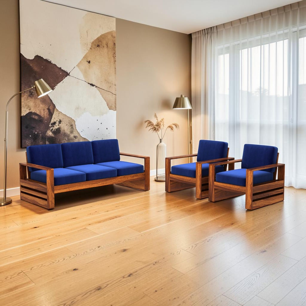 Homecrest Pilton wooden sofa set with deep blue fabric cushions and rich walnut finish sheesham wood frames
