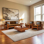 Homecrest Pilton wooden sofa set with brown fabric cushions and a solid sheesham wood frame in a living room setting.