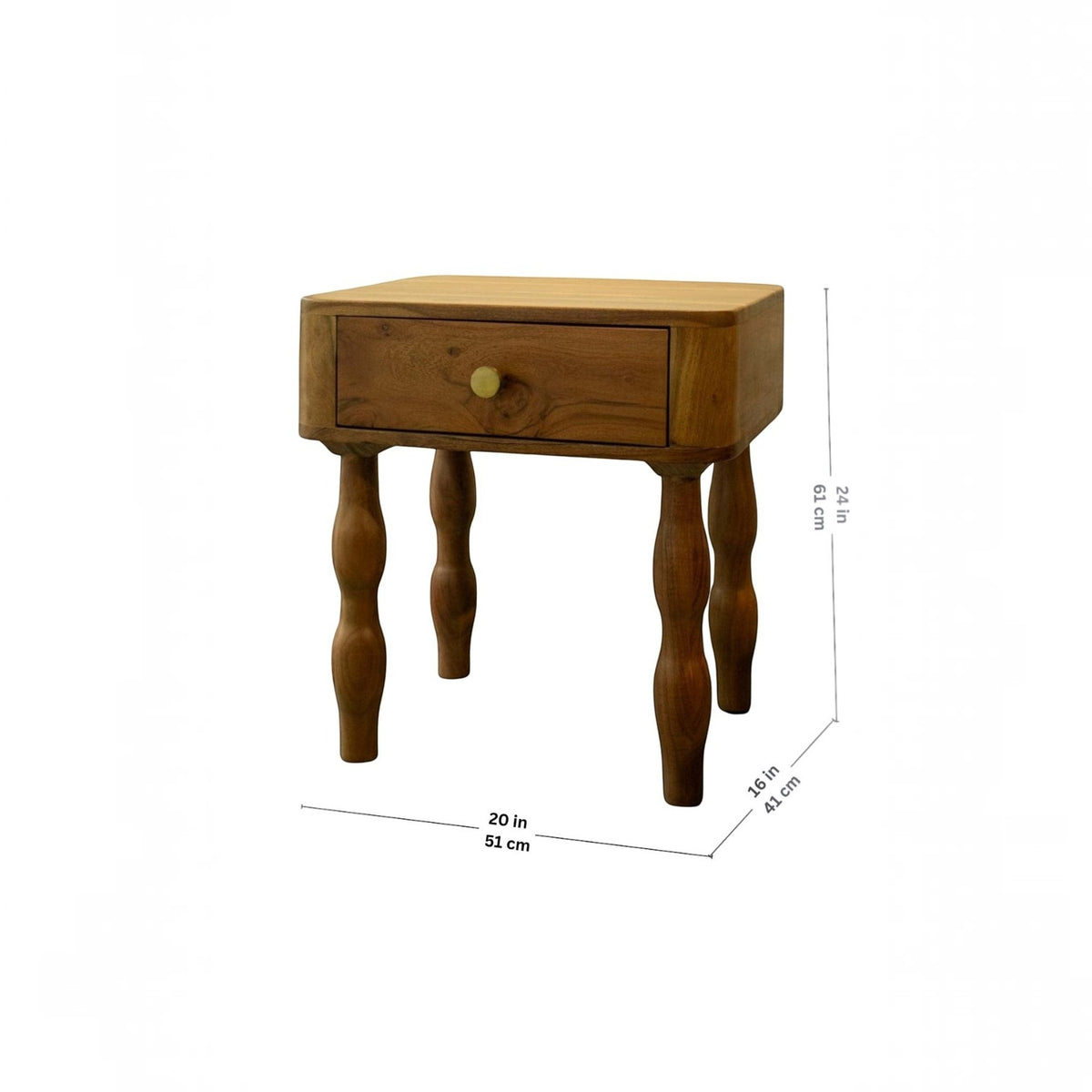 Homecrest Ravenna bedside table in natural solid acacia wood with a single drawer and unique curvy legs