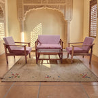 Homecrest 3-piece pink velvet sofa set with solid Sheesham wood frames and a matching glass-top coffee table.