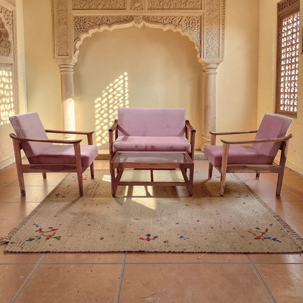 Homecrest 3-piece pink velvet sofa set with solid Sheesham wood frames and a matching glass-top coffee table.