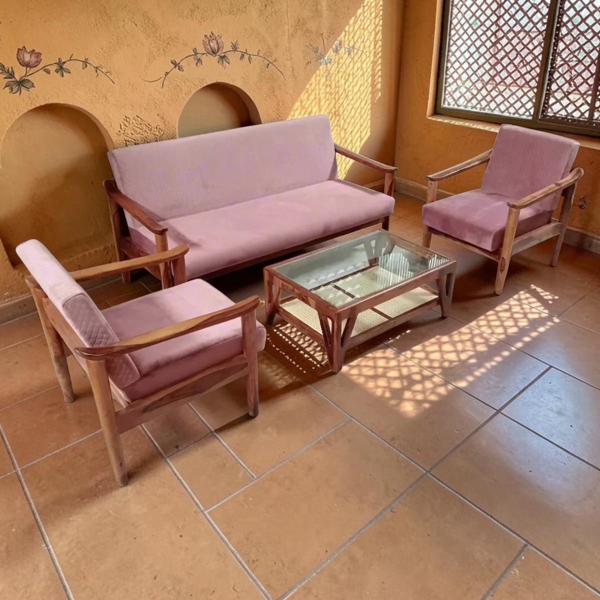 Homecrest contemporary sofa set featuring a pink velvet sofa, two matching armchairs, and a glass-top Sheesham wood table.