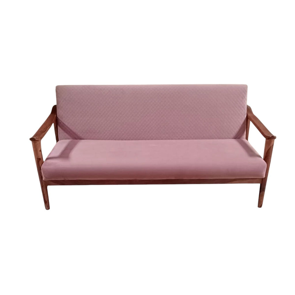 Homecrest contemporary sofa featuring a solid Sheesham wood frame and pink velvet upholstery with quilted backrest