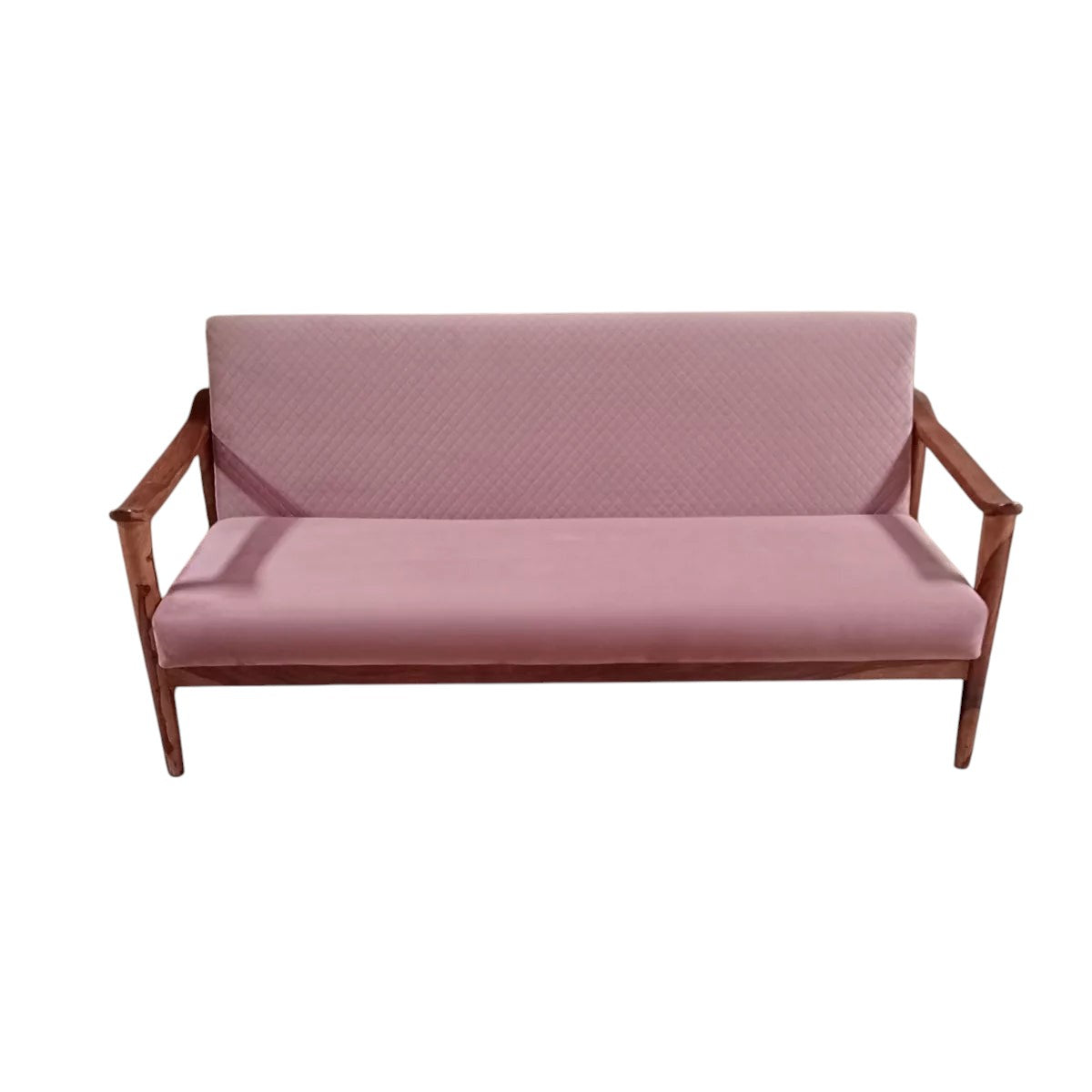 Homecrest contemporary sofa featuring a solid Sheesham wood frame and pink velvet upholstery with quilted backrest
