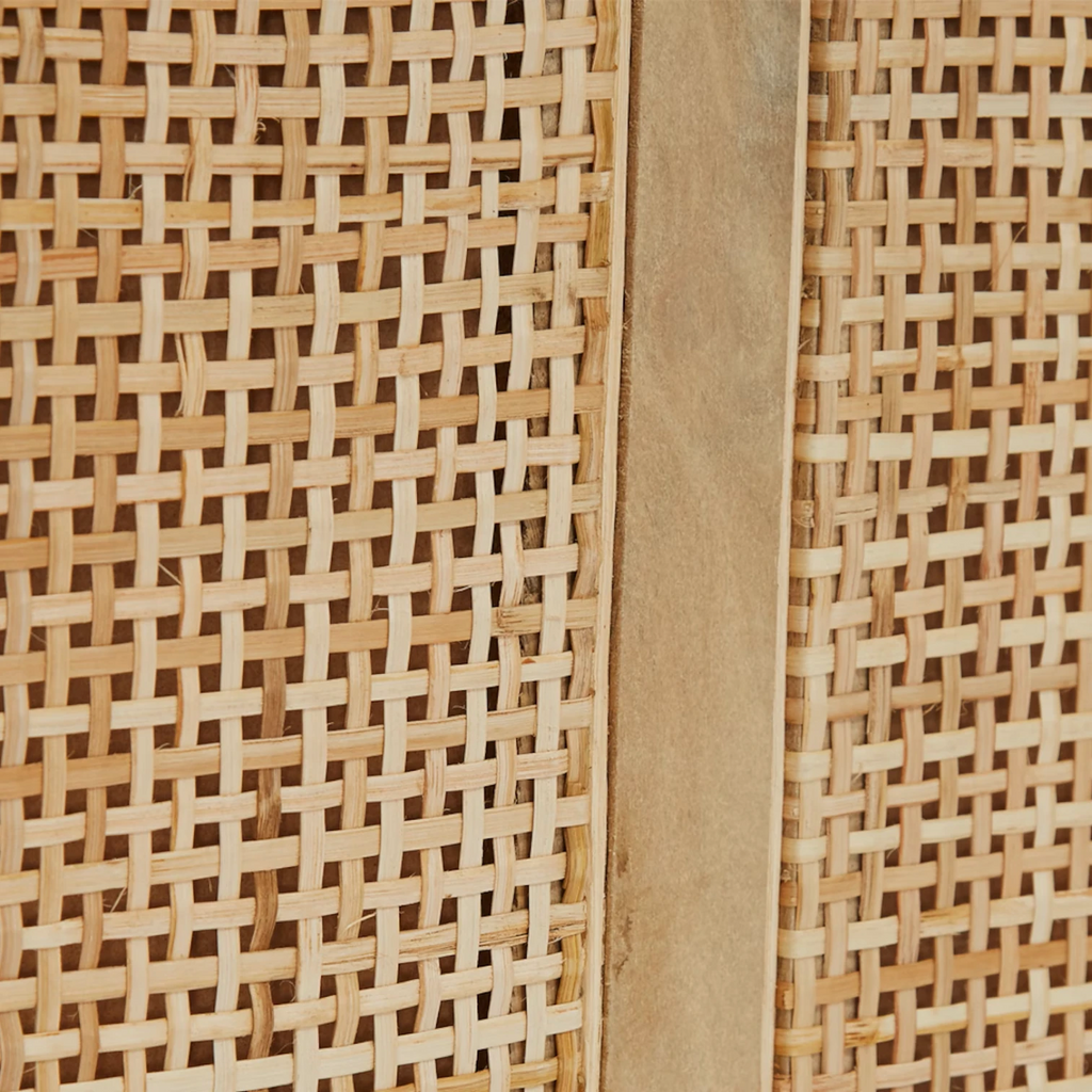 Homecrest rattan bed headboard featuring natural woven cane texture and a solid mango wood frame detail
