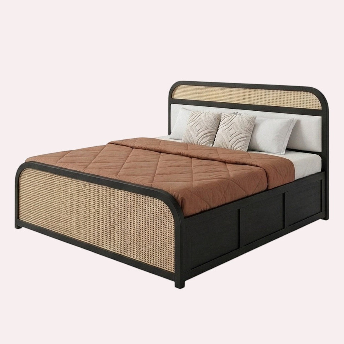 Homecrest dark wood platform bed with natural woven cane panels on headboard and footboard and under-bed storage.