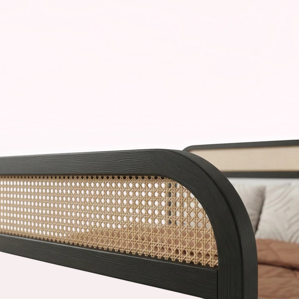 Homecrest rattan storage platform bed with dark solid wood frame and natural woven cane panel headboard detail