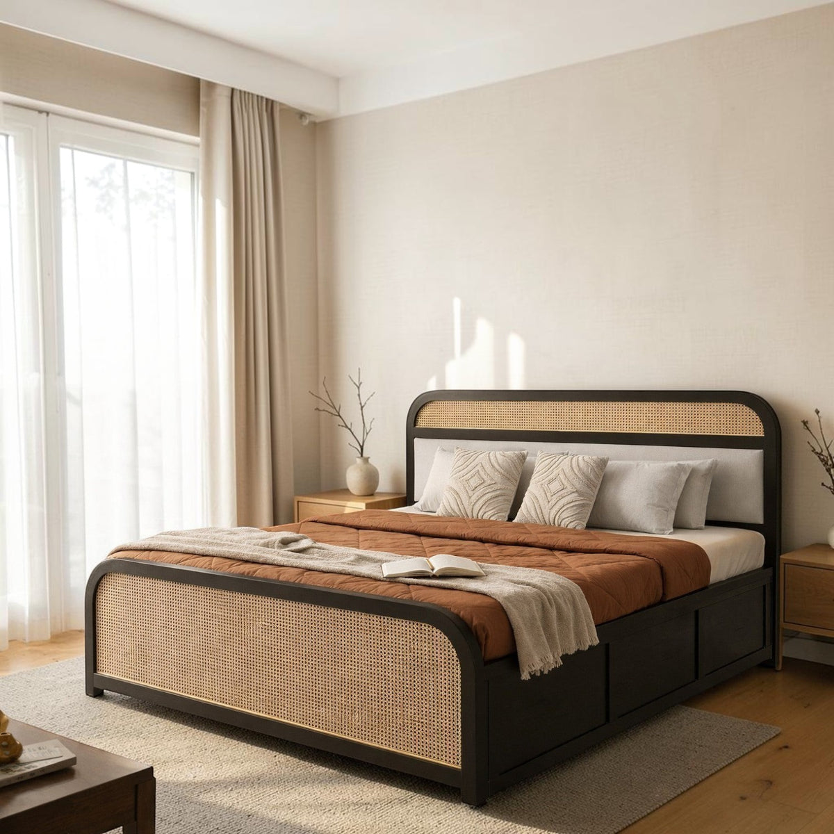 Homecrest dark wood platform bed with natural cane panels, integrated storage, and a brown quilt in a modern bedroom.