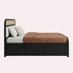 Homecrest rattan storage platform bed with a dark wood frame, cane headboard, and built-in under-bed storage drawers.