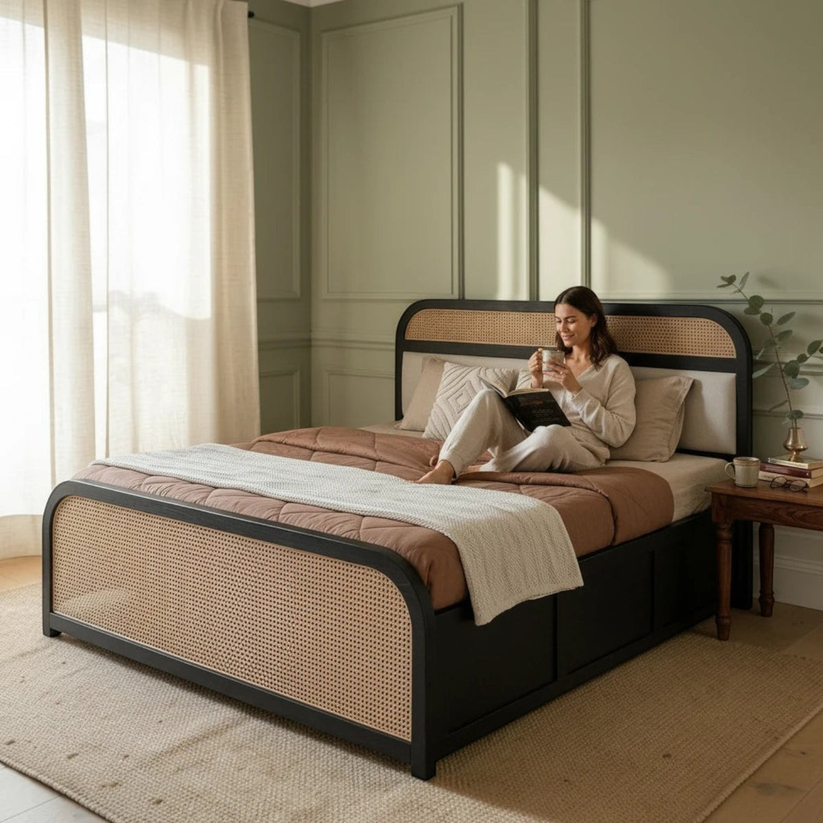 Homecrest rattan storage platform bed with dark wood frame and cane panels, featuring a woman reading in bed.