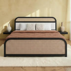 Homecrest rattan storage platform bed with dark wood frame, cane panels, and integrated bedside tables in a bedroom.
