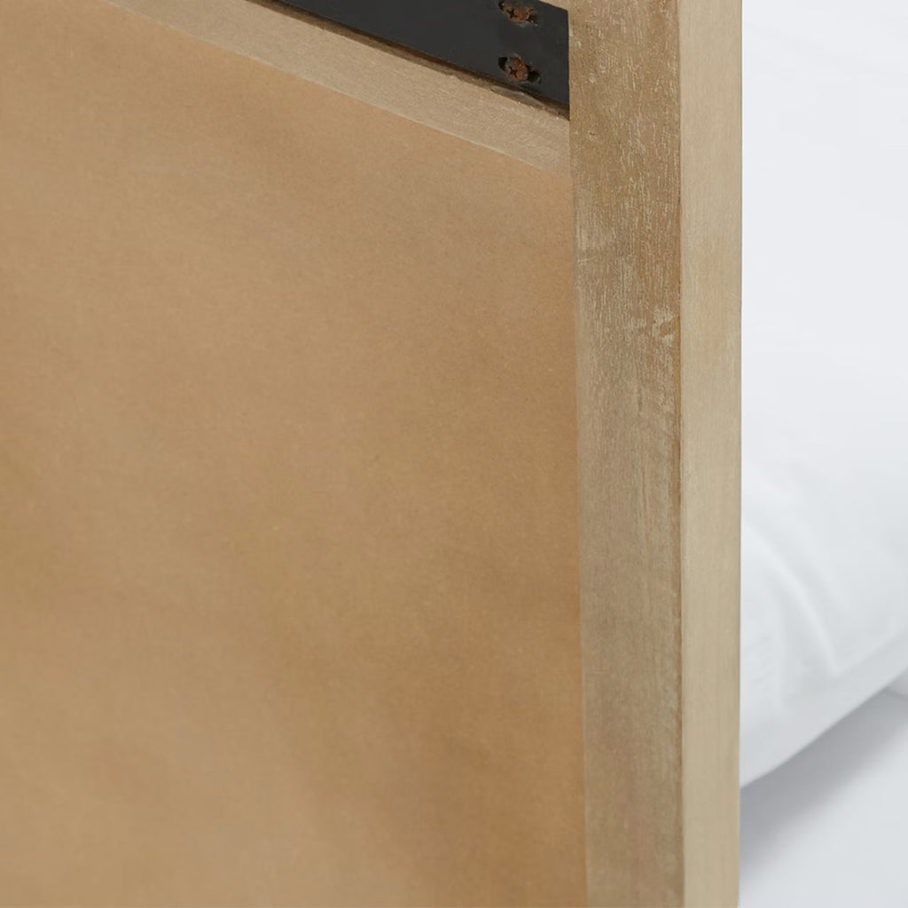 Homecrest rattan wooden bed frame detail showing natural mango wood texture and construction