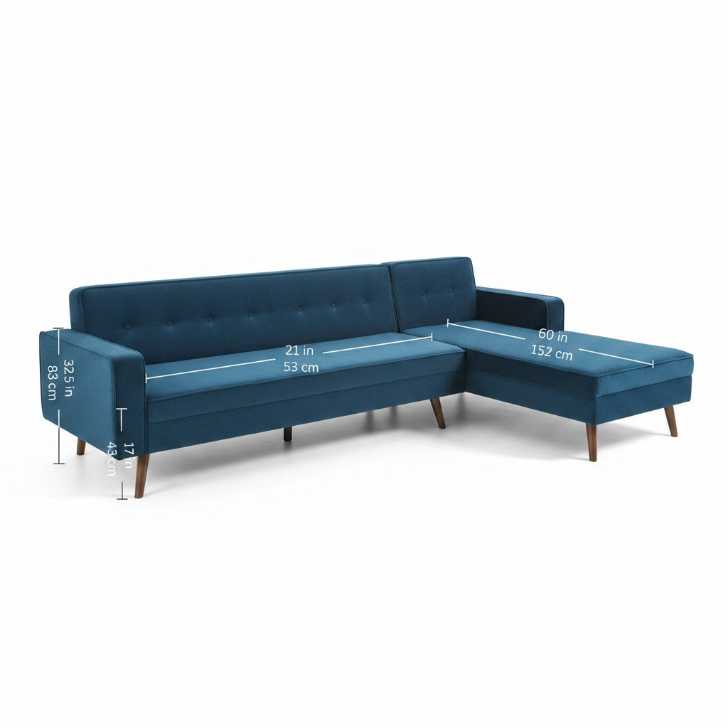 Homecrest Thurston sectional sofa in blue velvet with button-tufted back and tapered teak wood legs.