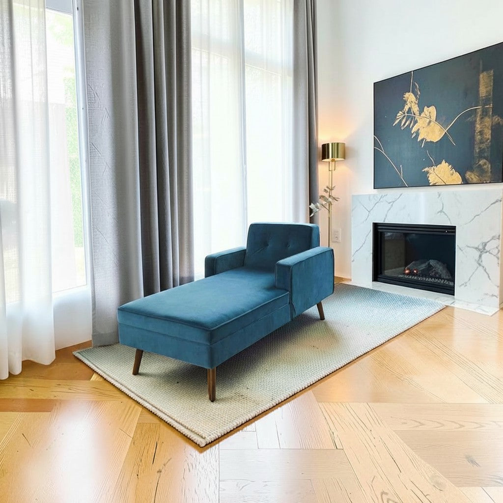 Homecrest Thurston sectional sofa in teal velvet with button-tufted back and tapered teak wood legs in a living room